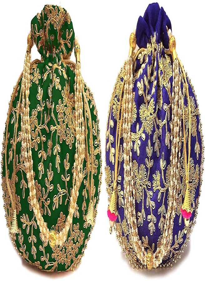 STLYZ Women's Potli Bag (Set Of 2) Rajasthani Style Silk Potli Handbag Wristlet Clutch Batwa Golden Work Embroidery Potli Wedding Gift For Ladies Ethnic Women Fashion Potli - Image 1